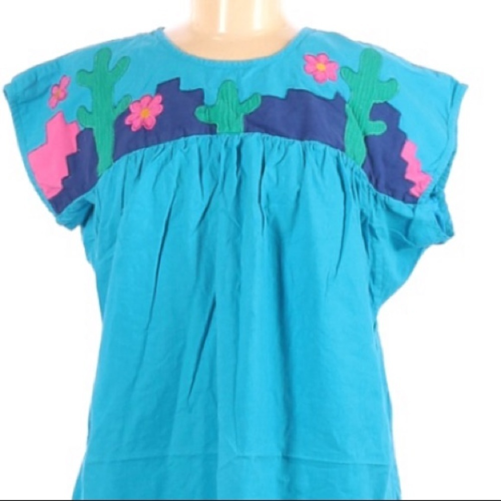 Cactus Flower Teal Summer Dress Medium Pink Green - Picture 8 of 10